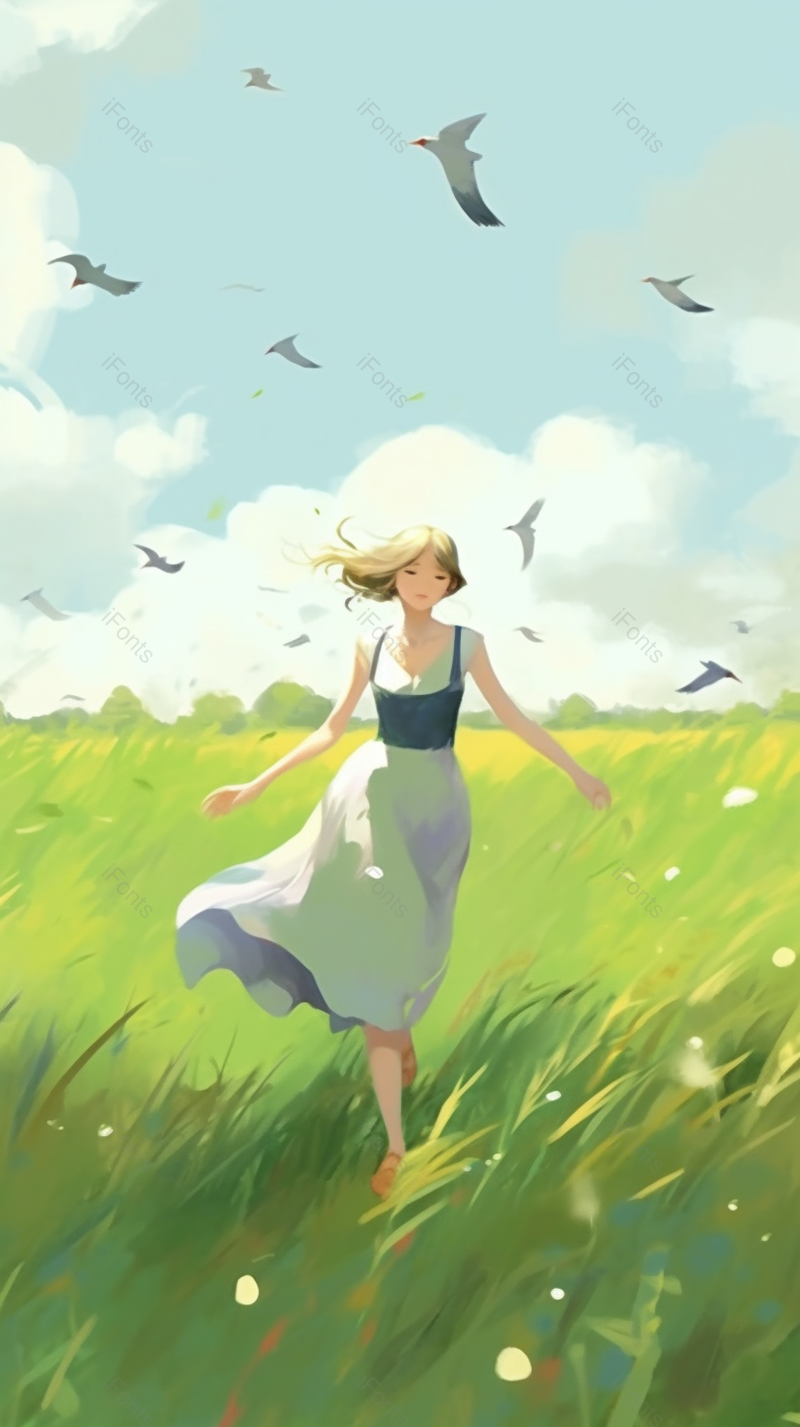 夏天少女走在绿地上的自然风景插画背景,插画/手绘图,插画/手绘图库,插画/手绘图下载,插画/手绘